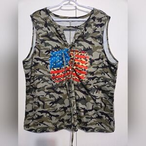 Plus Size 5XL Camo American Flag Lace Up‎ Tank Top Patriotic